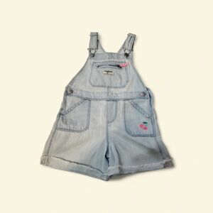 OshKosh B'gosh Light Wash Denim Short Overalls with Cherry Patch - Light Blue